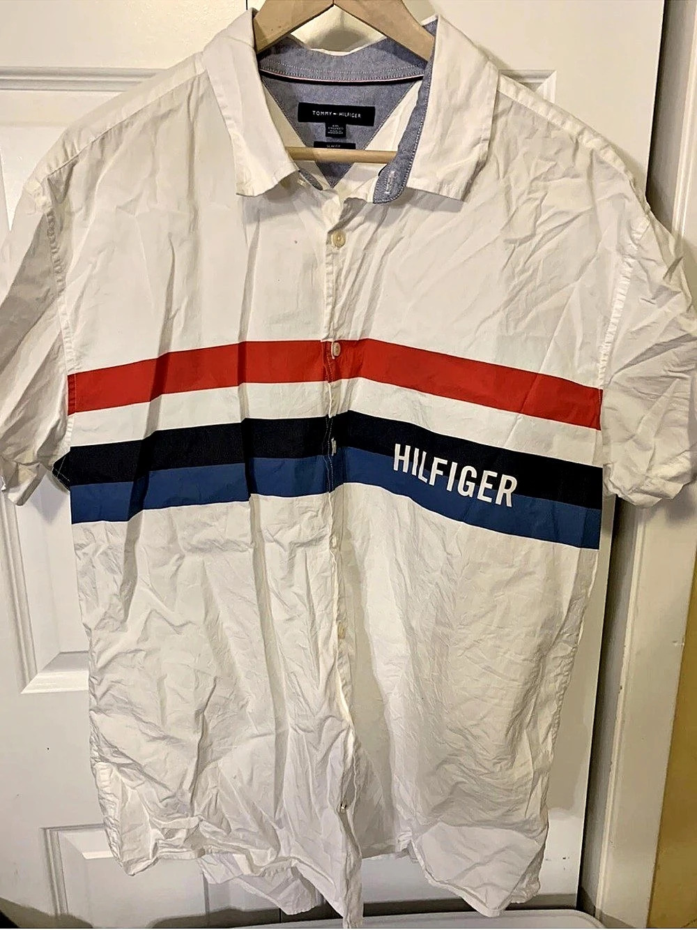 Vintage Tommy Hilfiger Mens Sz XXL Logo Shirt Button up 90s spellout White Red